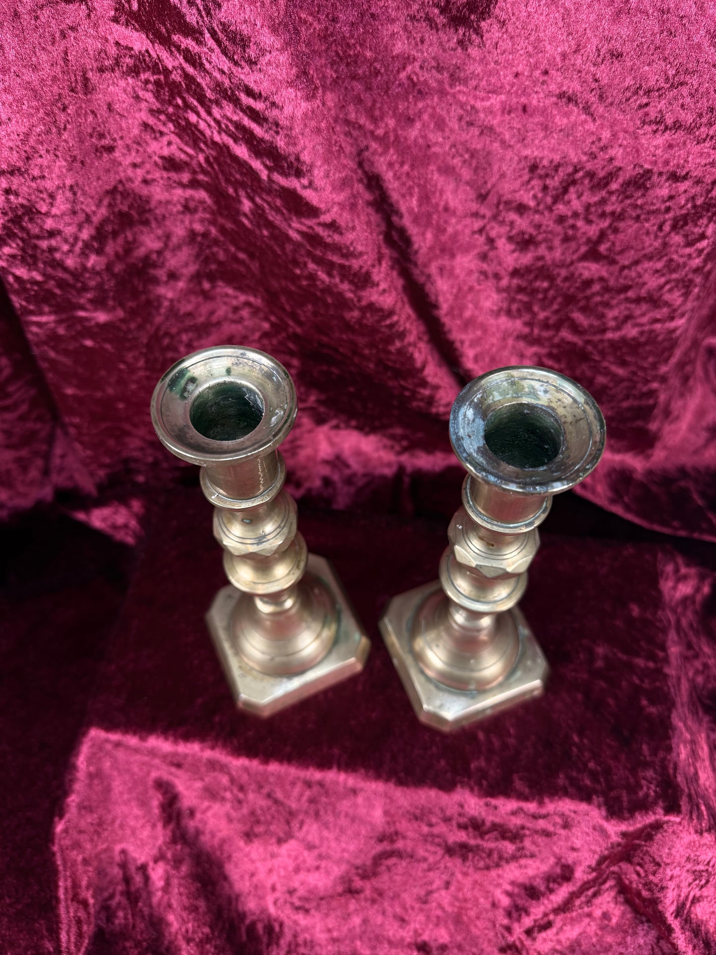 Antique English Brass Candlestick Pair – Beehive Taper Candle Holders
