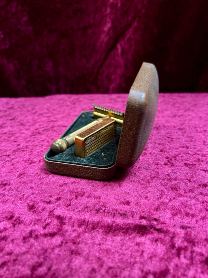 Vintage Gold Tone Brass Safety Razor – Gillette Travel Shaving Set with Case