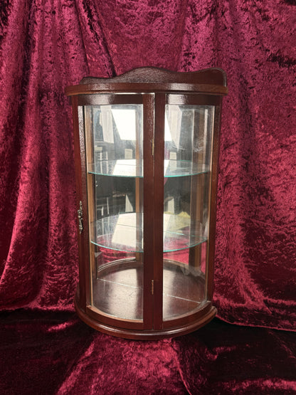 Vintage Curio Cabinet - Table Top Wood Curved Glass Cabinet - Mirrored Back - Glass Shelves - 20" Tall