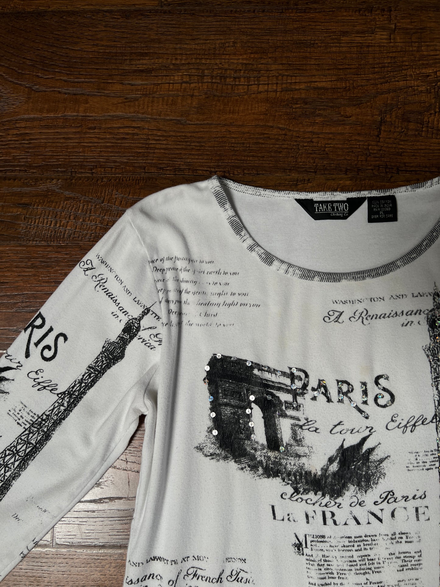 Vintage Take Two Cotton Graphic Top — Paris Eiffel Tower Sequin Print - Size Large