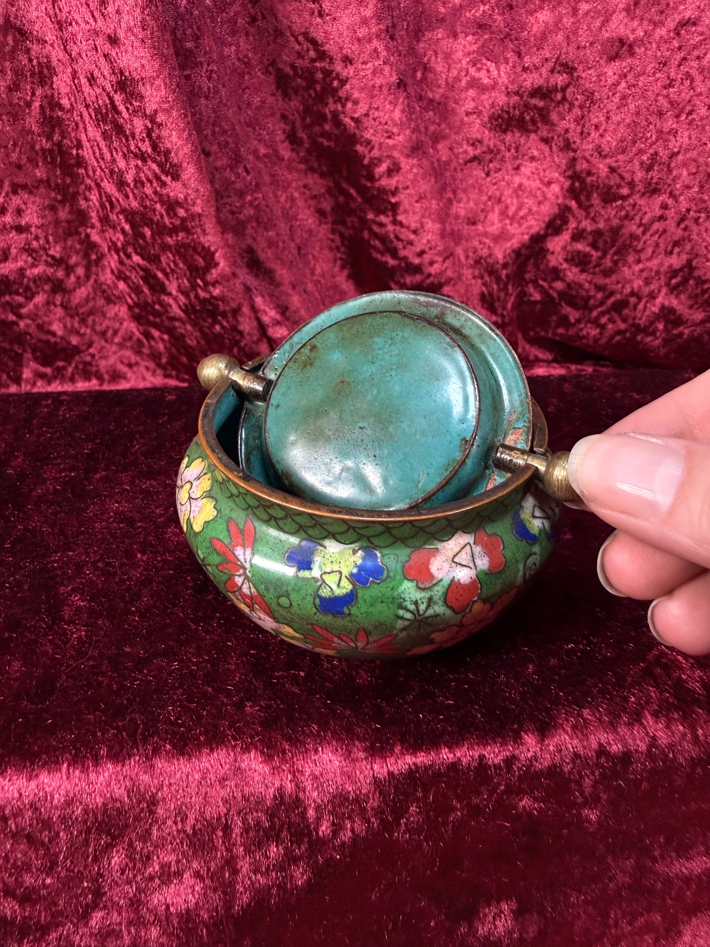 Vintage Chinese Cloisonne Enamel Brass Flip Top Ashtray – Floral Pattern - Incense Burner