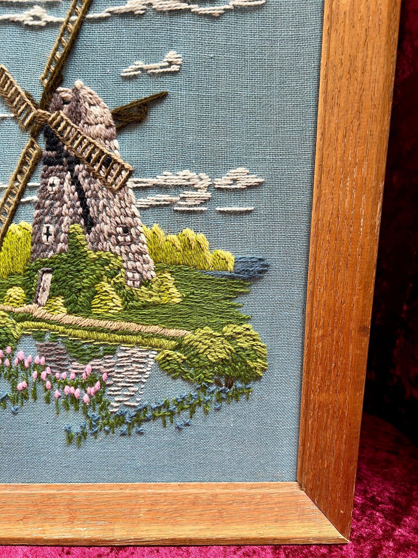 Vintage Framed Embroidery Art – Southampton Petticoat Windmill Crewel