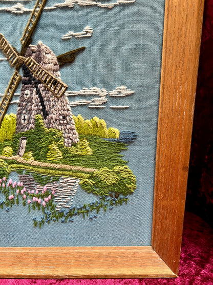 Vintage Framed Embroidery Art – Southampton Petticoat Windmill Crewel