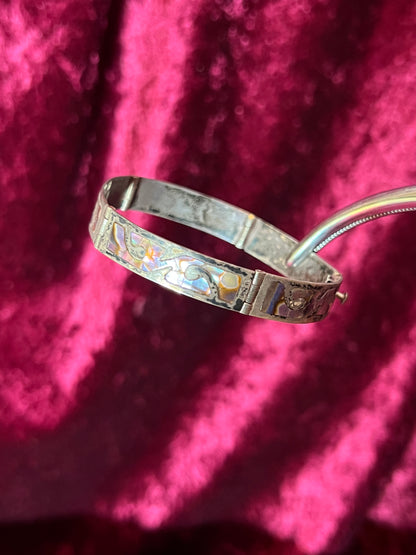Vintage Jewelry - Bangle Bracelet - Sterling Silver - Inlaid Abalone Shell Panels - Mexico