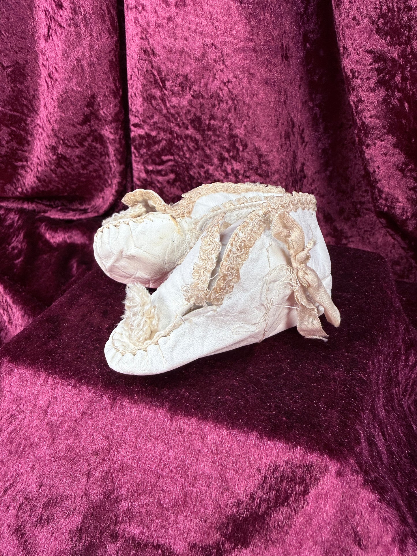 Antique Leather Baby Shoes – Handcrafted Lace Trim Christening Booties