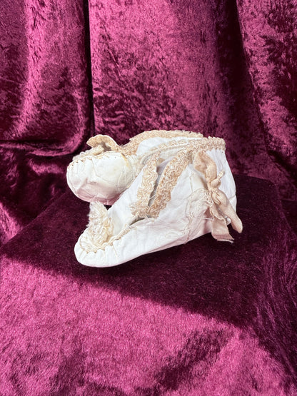 Antique Leather Baby Shoes – Handcrafted Lace Trim Christening Booties