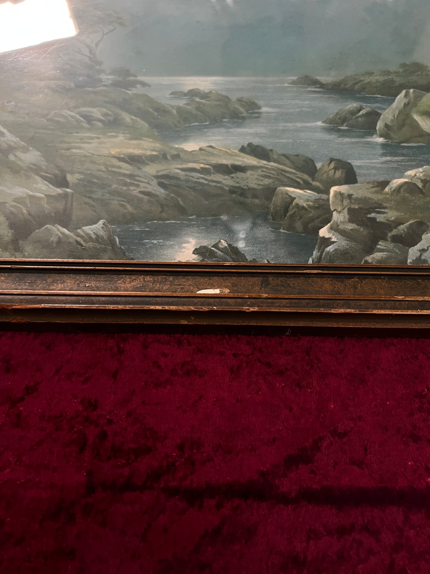 Vintage Framed Landscape Lithograph - Moonlit Coastal Scene Atkinson Fox Style