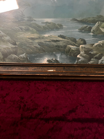 Vintage Framed Landscape Lithograph - Moonlit Coastal Scene Atkinson Fox Style