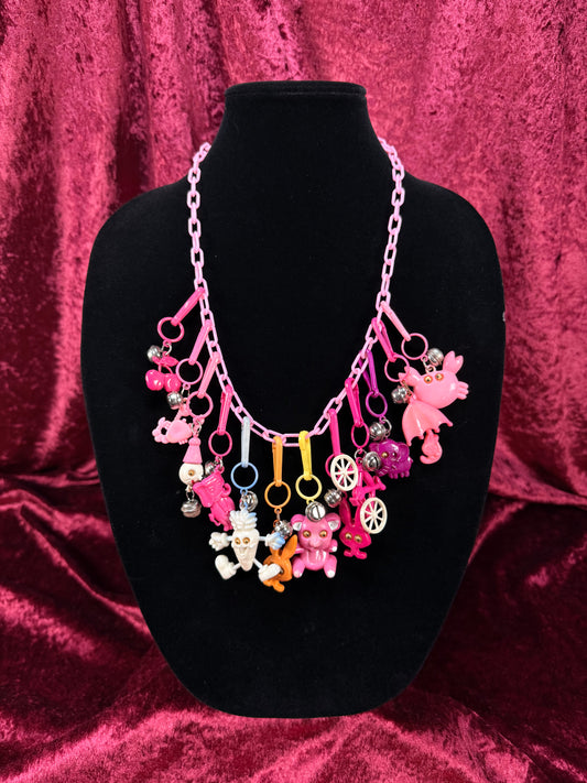 Vintage 1980s Plastic Chain Charm Necklace - 12 Bell / Googly Eyes Charms - Pink & Purple