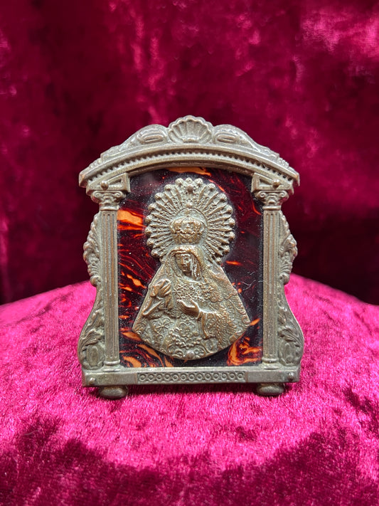 Vintage Religio - Framed Icon on Red Celluloid - Virgin Mary as Queen - 2.5" X 2"