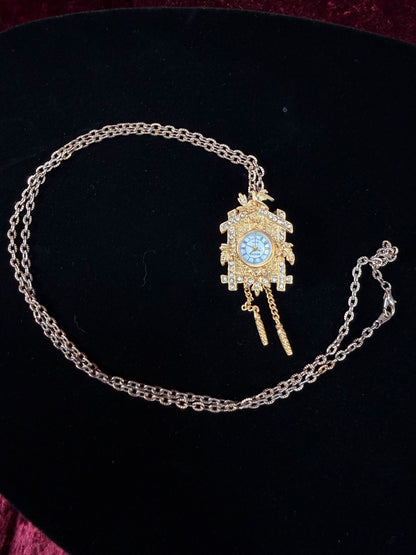 Vintage Gold Tone Cuckoo Clock Necklace – Rhinestone Accent Pendant