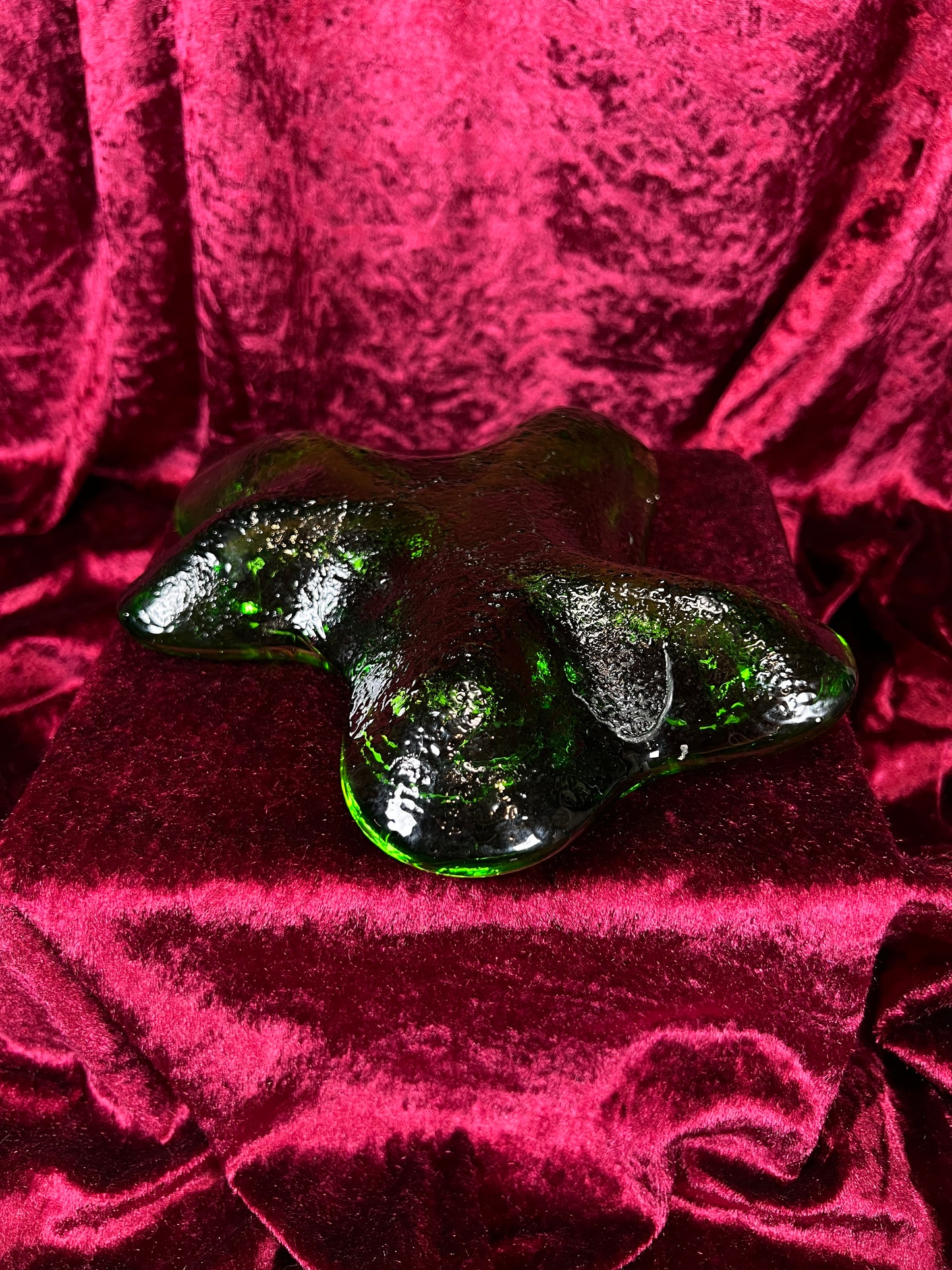 Vintage Blenko Handblown Ashtray - Green Amoeba Freeform Art Glass Trinket Dish