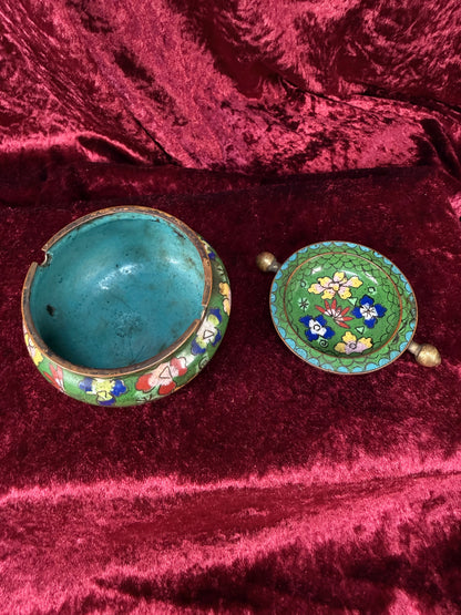 Vintage Chinese Cloisonne Enamel Brass Flip Top Ashtray – Floral Pattern - Incense Burner