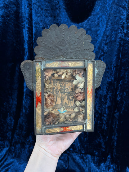 Vintage Metal Religious Shadow Box – Crucifixion Dried Flower Folk Art Shrine