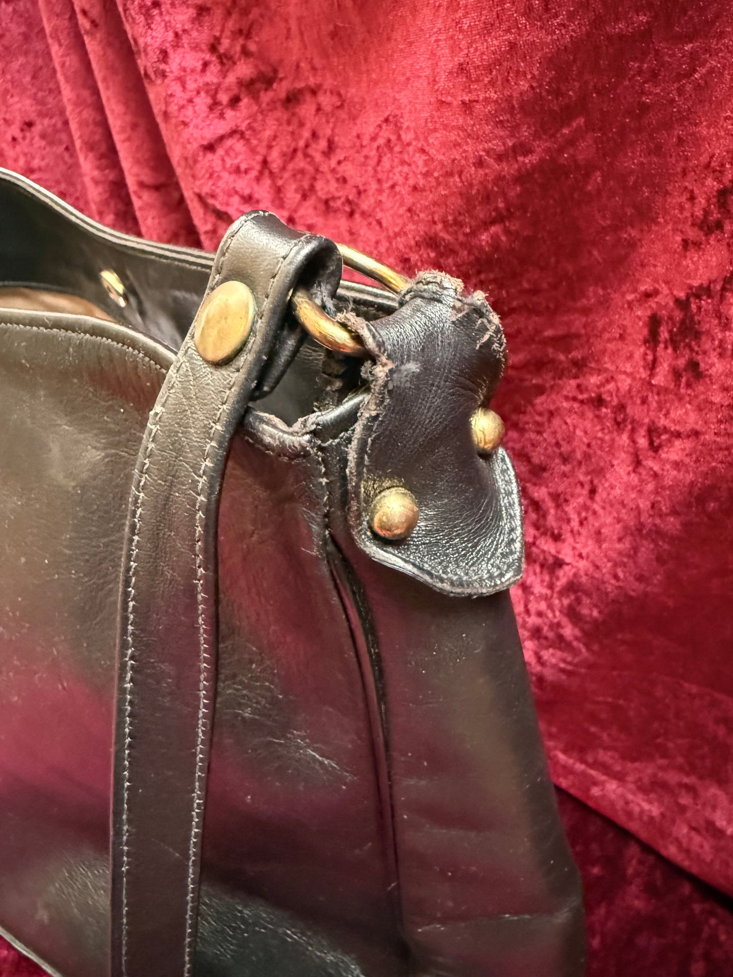 Vintage Accessories - Crossbody Hobo Bag - Black Leather with Brass Hardware