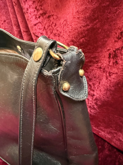 Vintage Accessories - Crossbody Hobo Bag - Black Leather with Brass Hardware