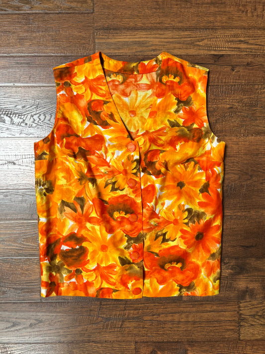 Vintage Clothing - Light Button Up Vest - Bright Orange Florals - Small