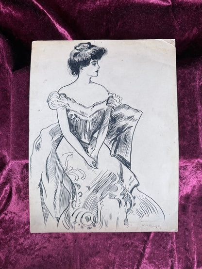 Antique Original Pen and Ink Illustration - Edwardian Gibson Girl Seated Portrait Signed 1909