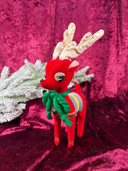 Vintage Christmas - Stuffed Doll - Red Velveteen Reindeer - Japan