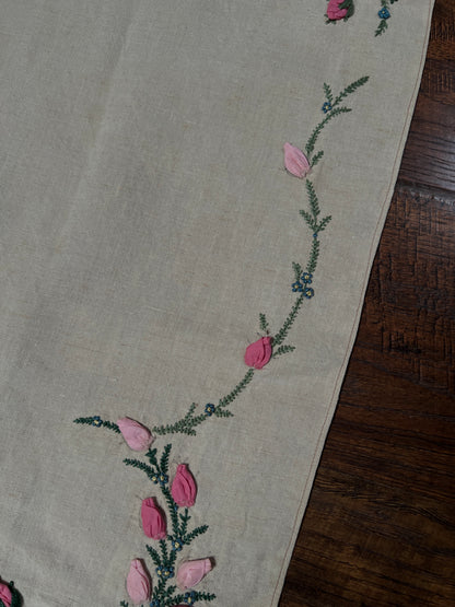 Vintage Rectangular Linen Table Runner - Hand Embroidered Puffy Pink Rosebud Vine