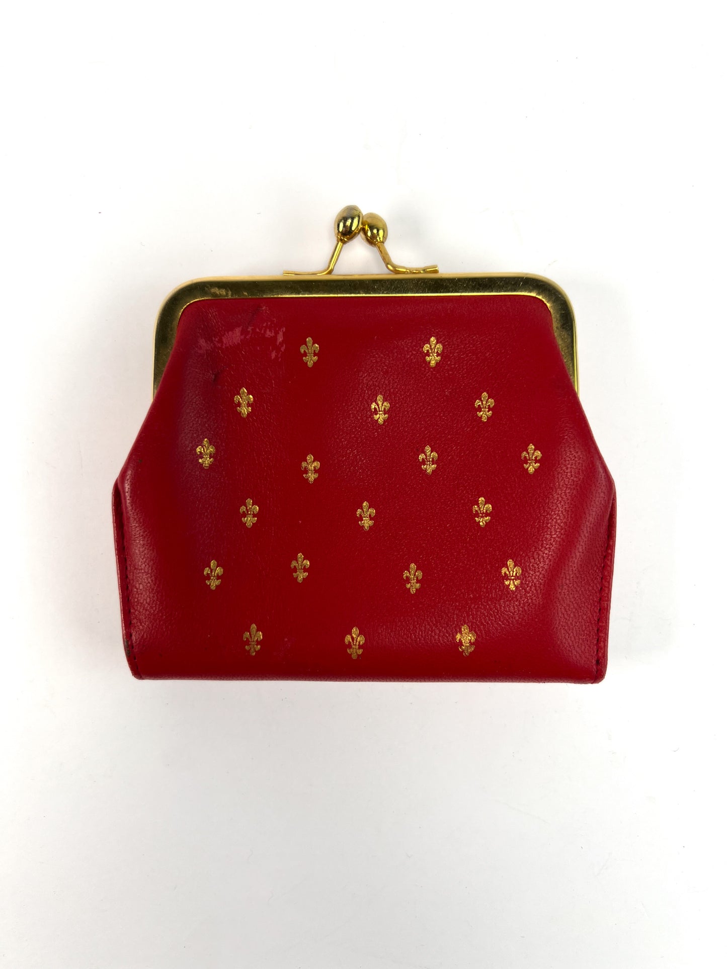 Vintage Wallet - Genuine Leather Bifold - Fire Engine Red - Embossed Gold Fleu-de-Lis