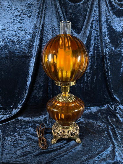 Vintage Amber Glass Parlor Lamp – Hand Painted Yellow Flowers Double Globe Hurricane Style
