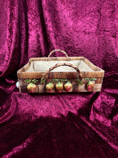 Vintage Raffia Serving Basket - Handwoven Fruit Basket Centerpiece