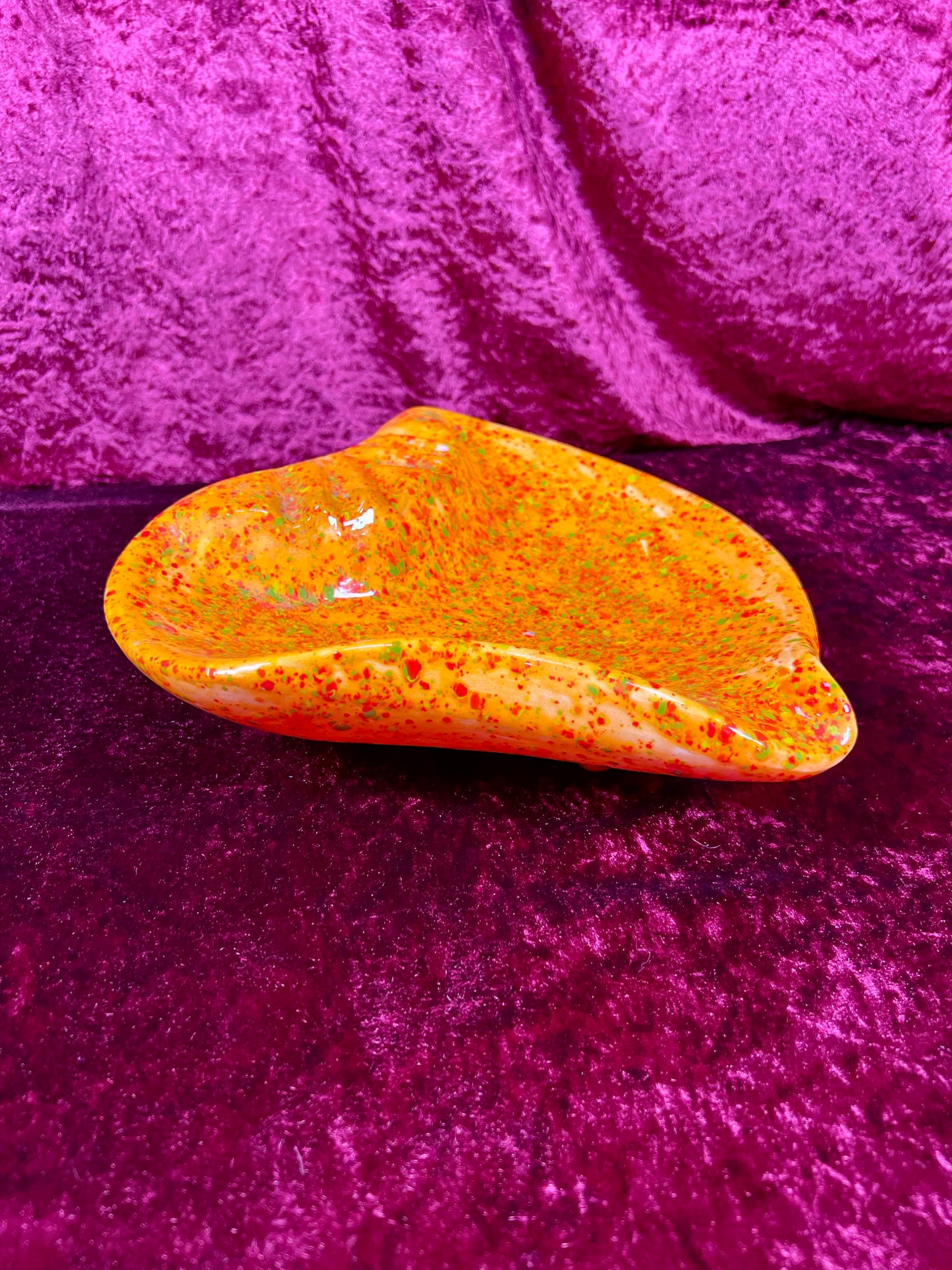 Vintage Ashtray - Sculptural Ceramic Drip Glaze - Bright Orange with Green Flecks - Large
