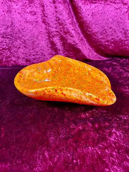 Vintage Ashtray - Sculptural Ceramic Drip Glaze - Bright Orange with Green Flecks - Large