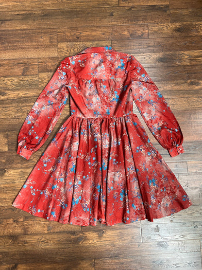 Vintage Clothing - Long Sleeve Fit and Flare Shirt Dress - Mid Century Floral Pattern on Red - Medium