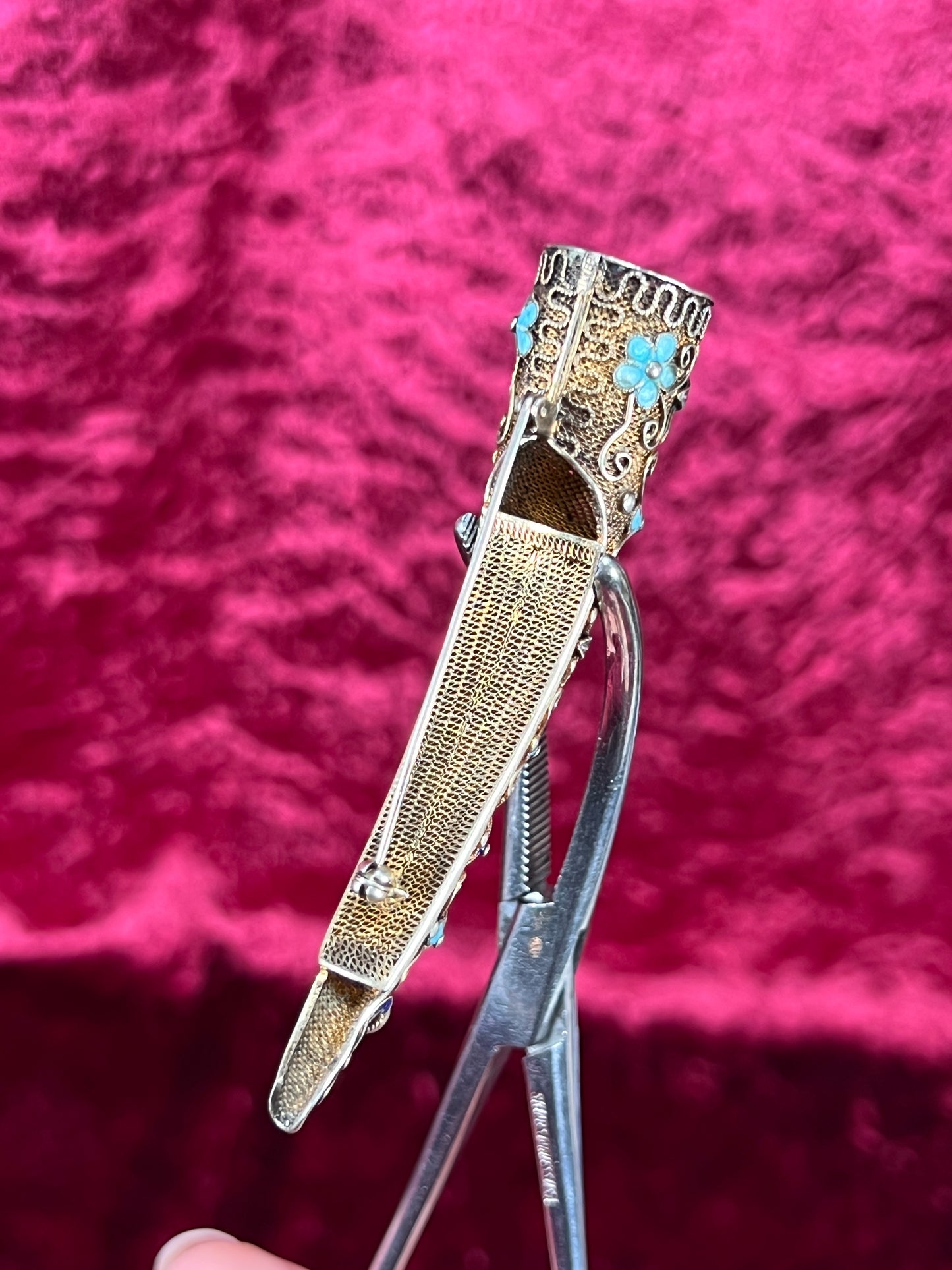 Antique Jewelry - Brooch - Chinese Finger Nail Guard - Plated Sterling Silver, Turquoise, Coral, and Enamel