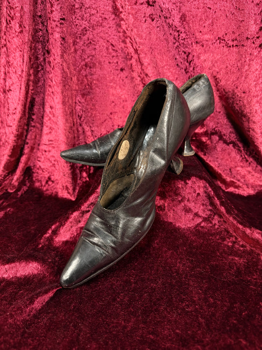 Antique Edwardian Poiret Black Leather Pumps – Louis XV Style Heel - Size 6