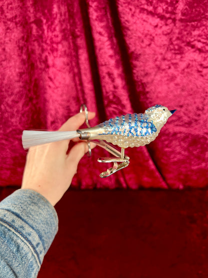 Vintage Christmas - Handblown Glass Clip On Ornament - Blue Bird with Nylon Hair Tail