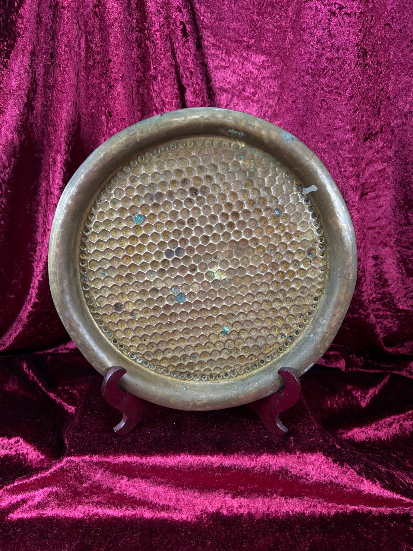 Vintage Brass Tray - Hammered Honeycomb Pattern Round Serving Platter