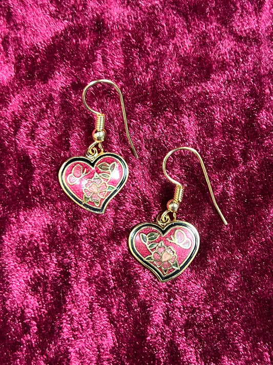Vintage Jewelry - Earrings - Cloisonné Hearts - Butterfly and Rose - Made In Taiwan R.O.C.