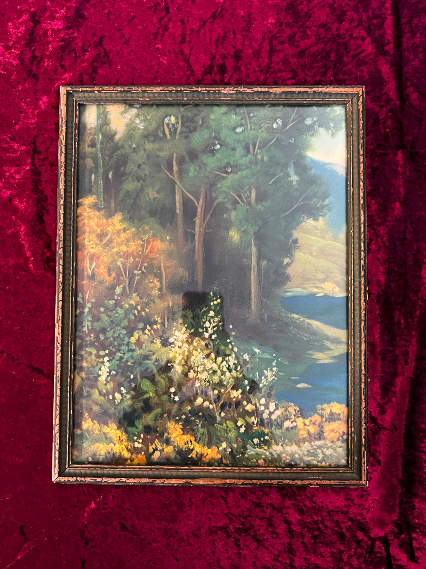 Vintage Framed Landscape Print - Woodland Lakeside Impressionist Scene