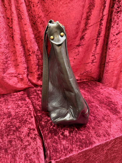 Vintage Accessories - Crossbody Hobo Bag - Black Leather with Brass Hardware