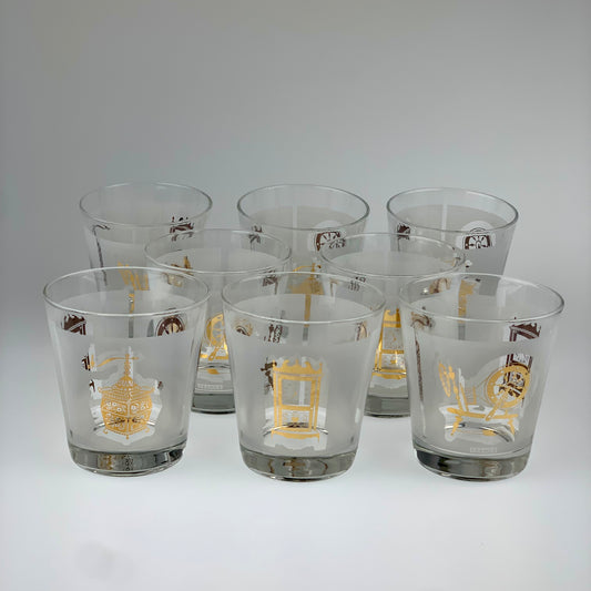 Vintage Frosted Lowball Glasses | Gold Spindle, Grandfather Clock, and Mill | Set of 8