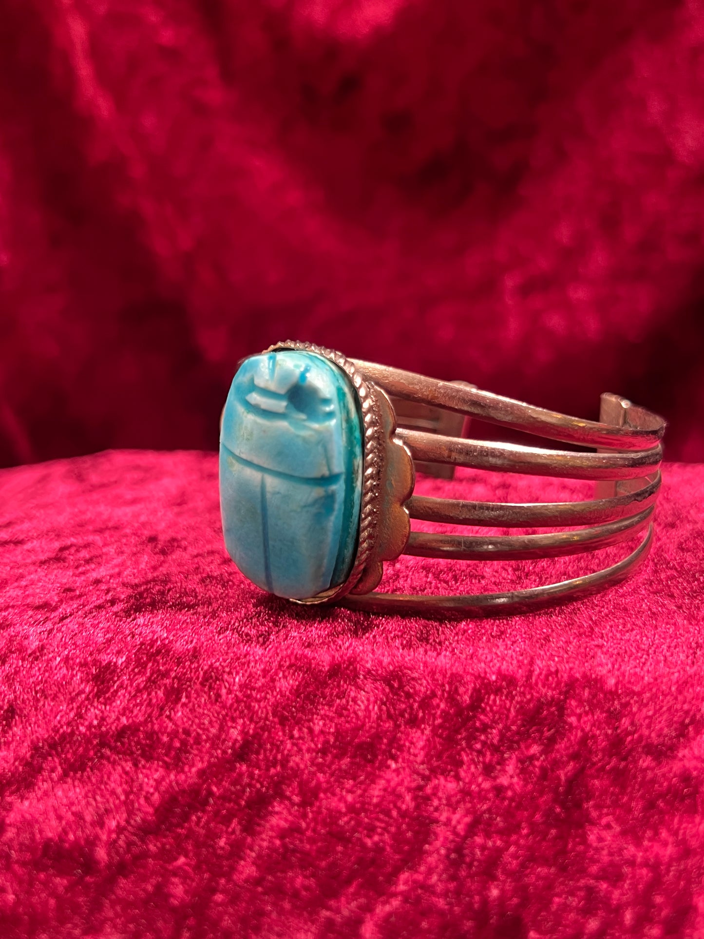 Vintage Jewelry - Chunky Cuff Bracelet - Egyptian Revival Blue Scarab