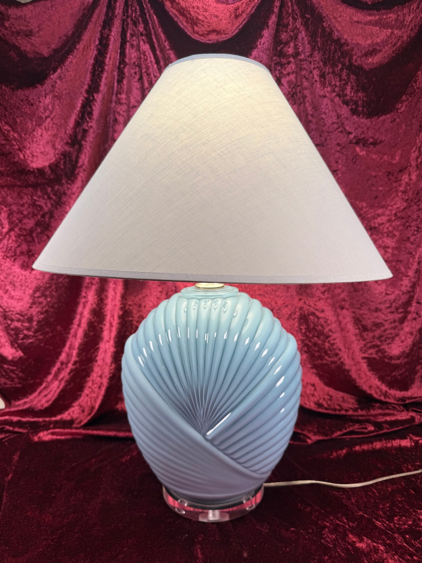 Vintage Lighting - Tabletop Lamp - 1980s Art Deco Revival Shell Pattern - Dusty Blue