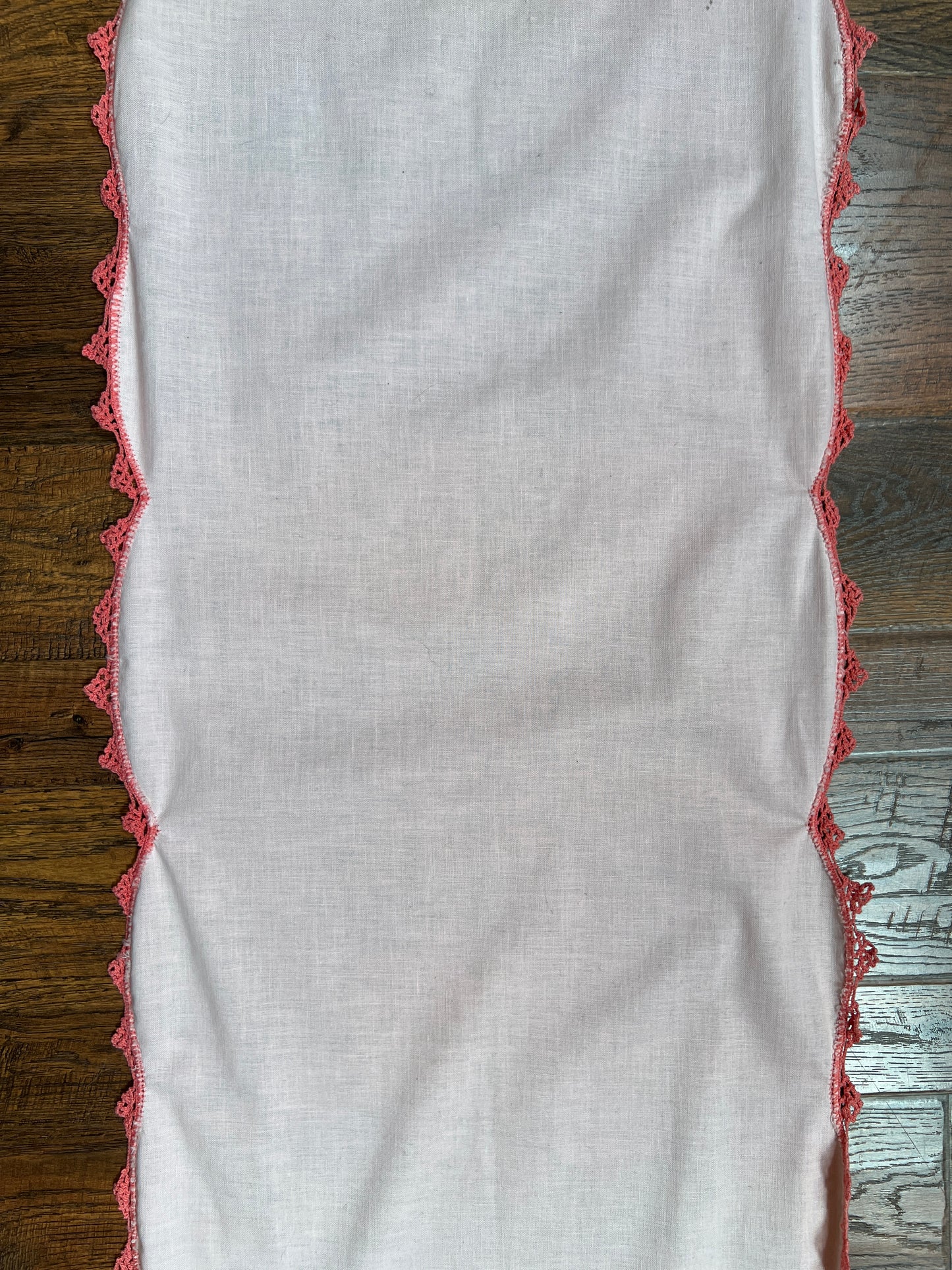 Vintage Linens - Table Runner with Lace Trim - Pink with Red Rose