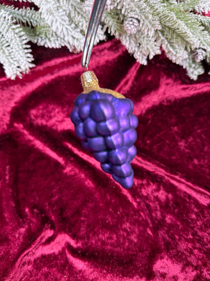 Vintage Christmas - Handblown Glass Ornament - Purple Grape Cluster with Gold Glitter