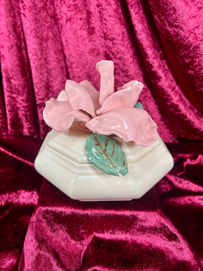 Vintage Trinket Dish - Ceramic - Giant Pink Rose - Chipped