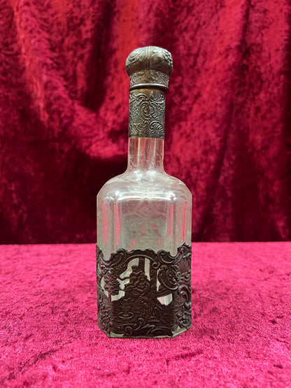 Vintage Barware - Antique 18th Century Etched Glass Decanter - Silver Repousse - German