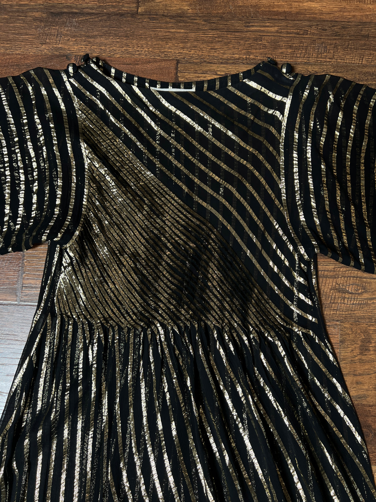 Vintage Albert Nipon Maxi Dress -  Metallic Gold  Sheer Black Butterfly Sleeve Gown - Medium