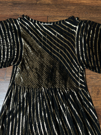 Vintage Albert Nipon Maxi Dress -  Metallic Gold  Sheer Black Butterfly Sleeve Gown - Medium