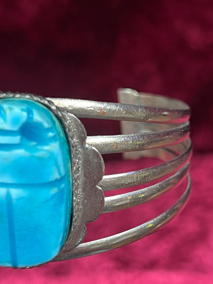 Vintage Jewelry - Chunky Cuff Bracelet - Egyptian Revival Blue Scarab