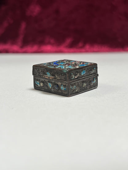 Vintage Trinket Box - Copper Cloisonne Enamel Pill Box - Animal & Floral Design - Made in China