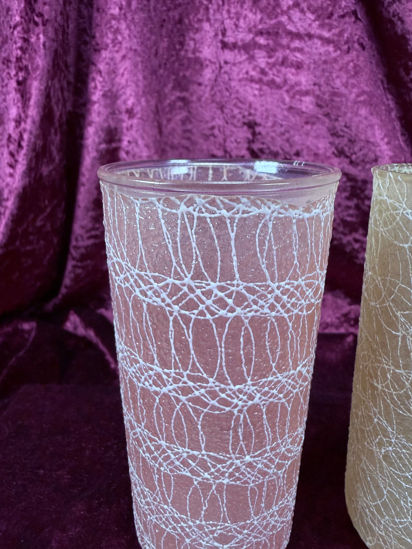 Vintage Frosted Glass Tumbler Set – White Spaghetti Overlay Pink & Yellow Pair
