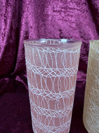 Vintage Frosted Glass Tumbler Set – White Spaghetti Overlay Pink & Yellow Pair